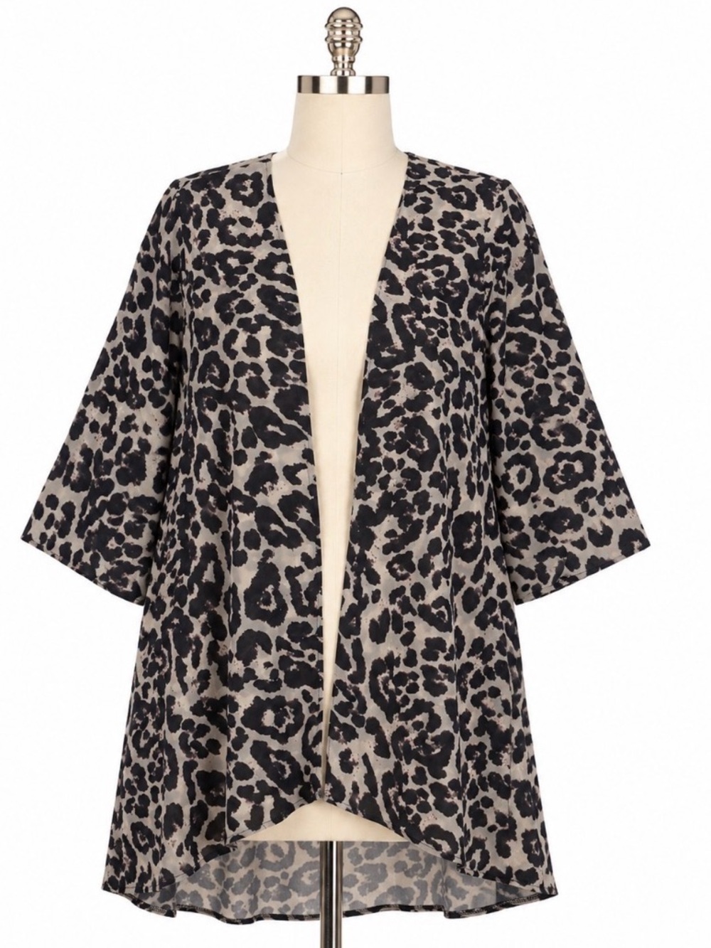 Open-Front Leopard Print Kimono in Black & Cream